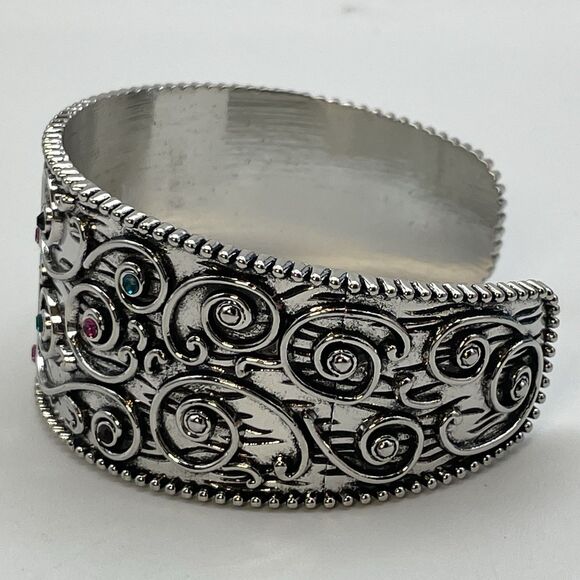Silver Tone Metal Multicolor Rhinestone Cuff Bracelet Statement Boho Embossed - Picture 3 of 6